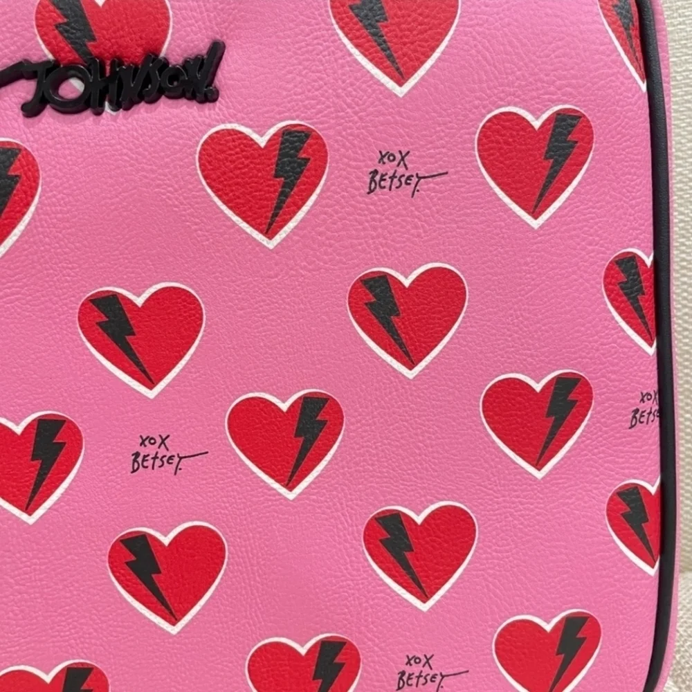 💕▪️Betsey Johnson▪️Pink Red Heart Briefcase Travel Makeup Bag Double Sided Zip